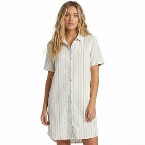 Faherty Striped Button Up Organic Cotton Linen Shirt Dress Large Cream Blue